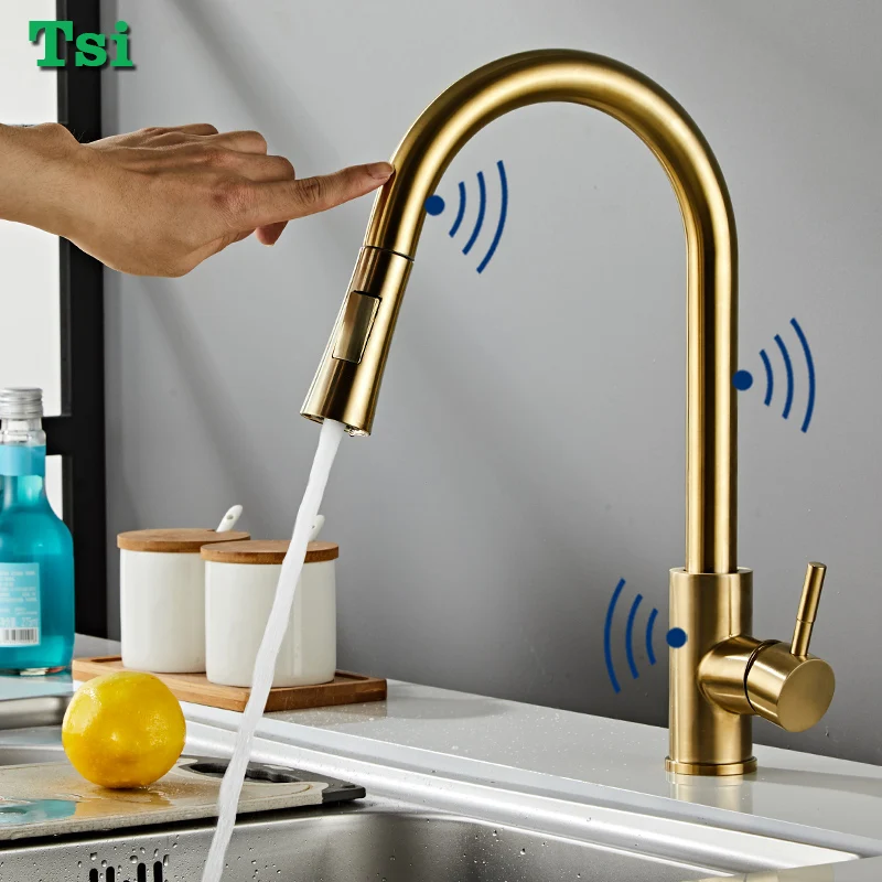Gold Touch Sensor Kitchen Faucet Single Hole Pull Out Spout Sink Mixer