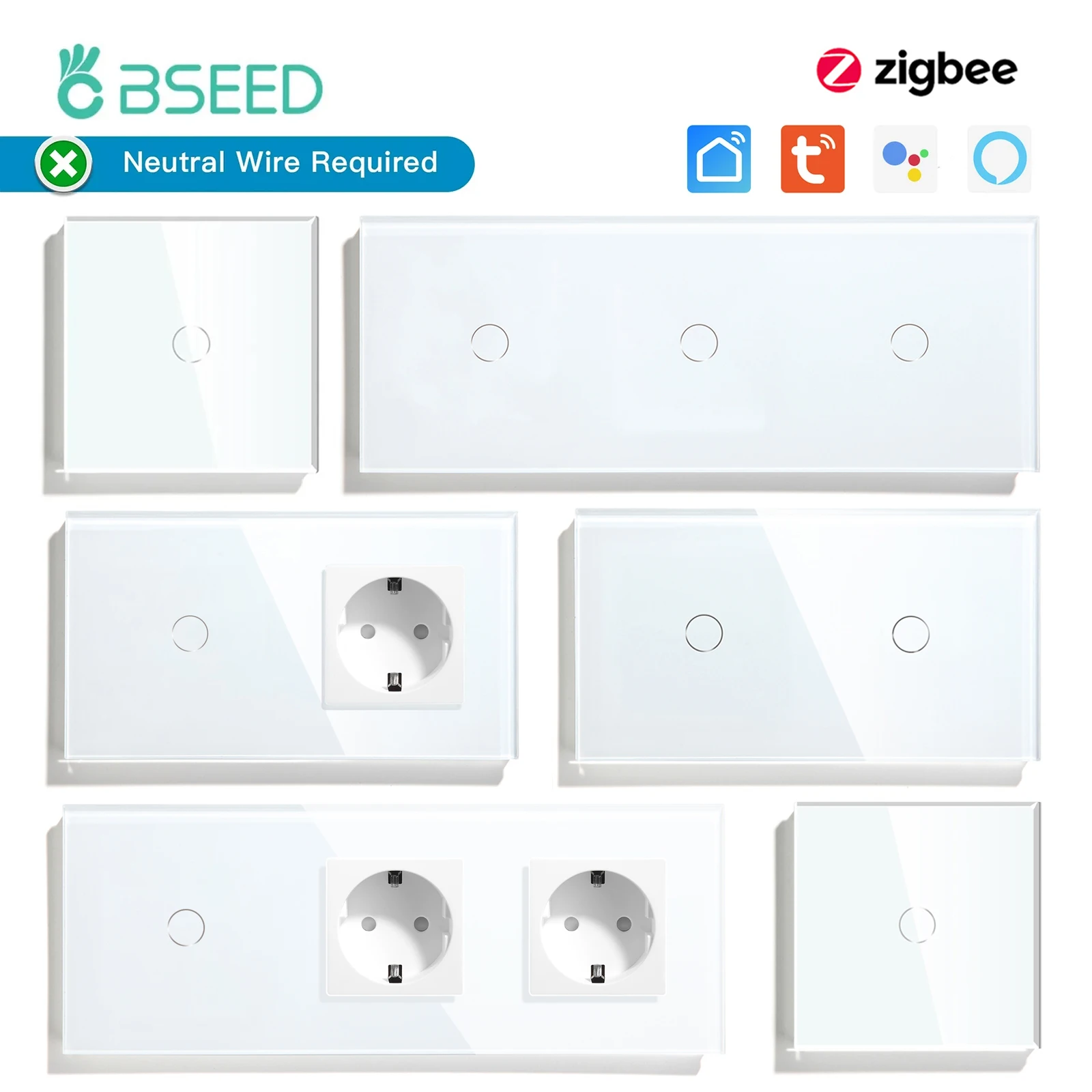 Bseed-zigbee Toque Interruptores Inteligentes Tomada de Parede da ue Tuya Smart Life Alexa App Controle Nenhuma Versão Neutra Gang Gang 3gang Versão Normal