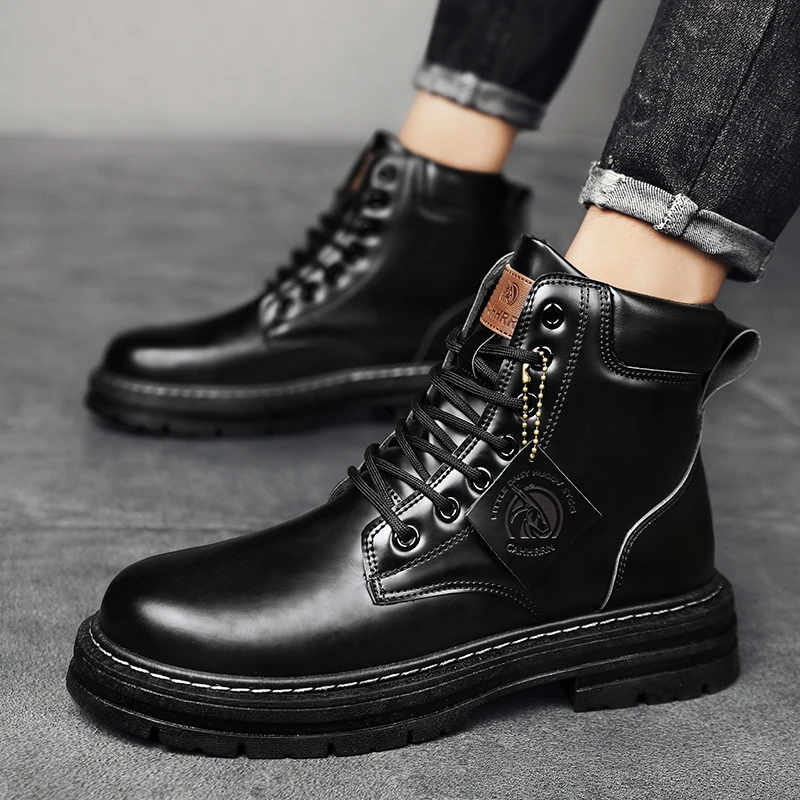 Mens Leather Boots Black for Men Winter Waterproof Lace Up Short Ankle Hiking