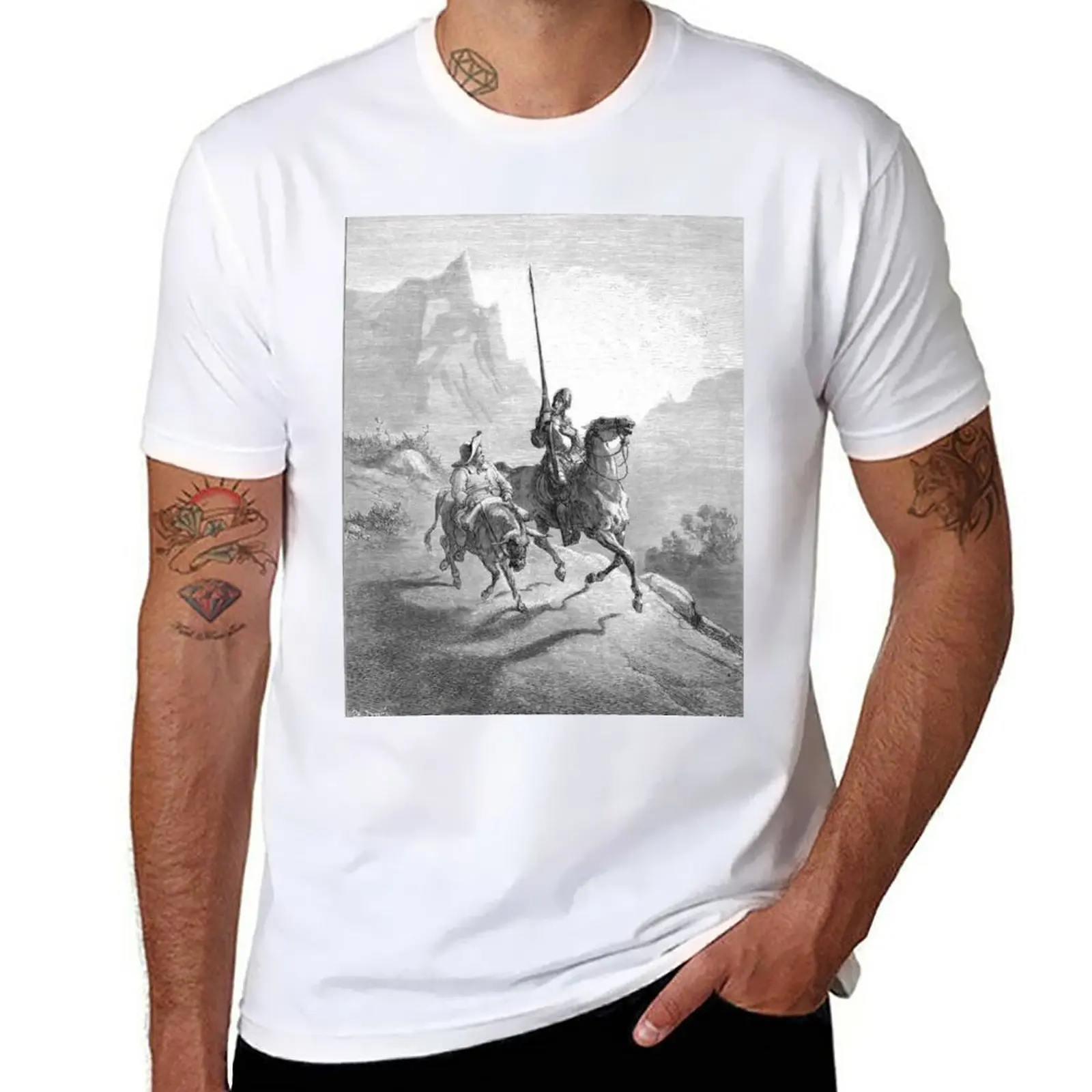 New Don Quixote E Sancho Setting Out Gustave Dore 1863 T-Shirt Maglietta Nera Camicetta Maglietta Firmata Da Uomo