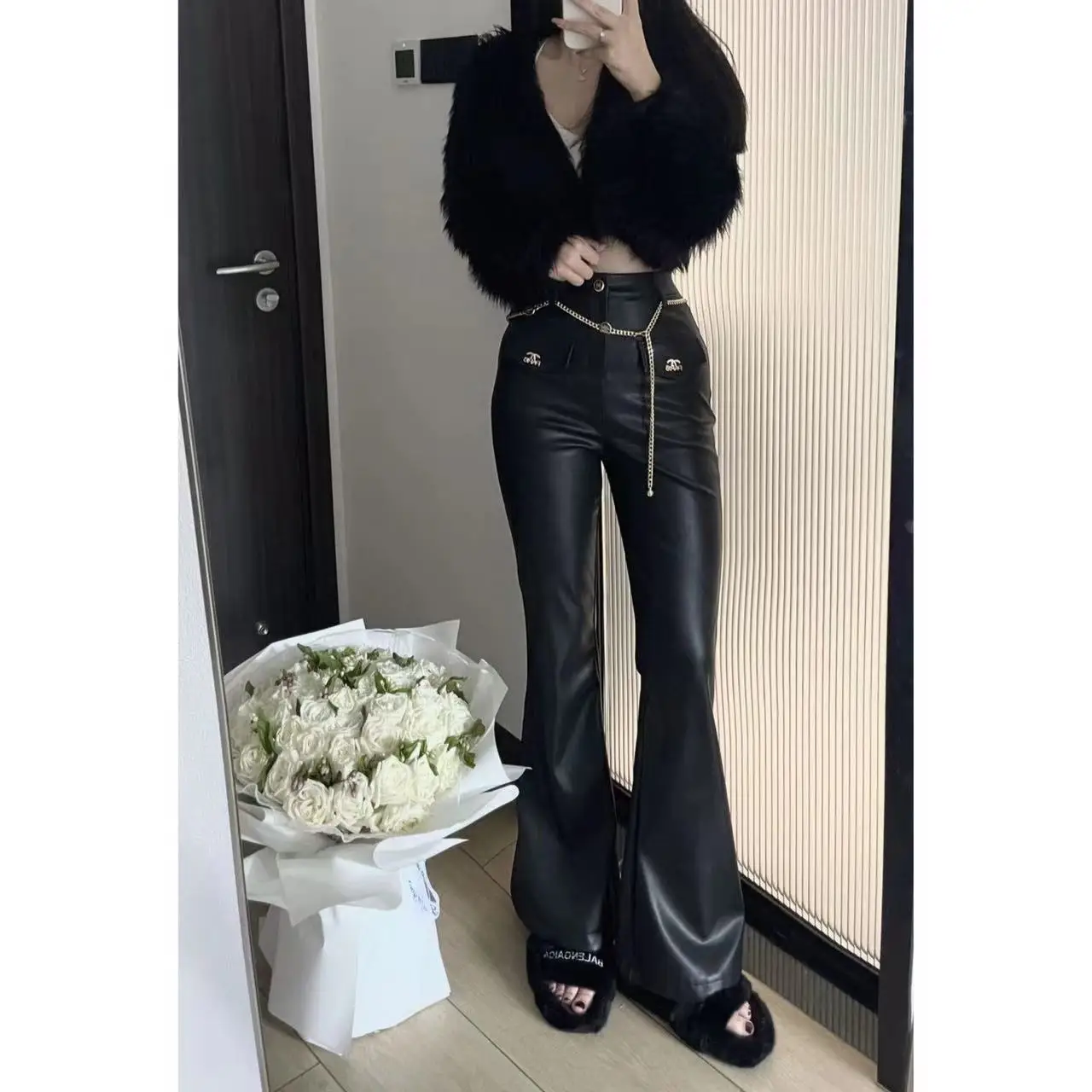 Vintage Micro La PU Leather Pants 2023 Autumn/Winter High Grade Slim Sweeping Floor Flare Pants Long Pants Wide Leg Pants