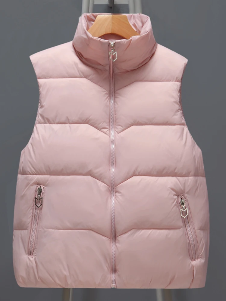 

Winter Sleeveless Jacket Women Casual Solid Down Vest Korean Fashion Zipper Waistcoat Female Loose Stand Collar Coat With Pocket