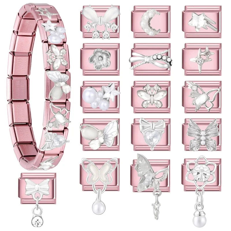 Pink 3D Shiny Bow Heart Charm Bracelet
