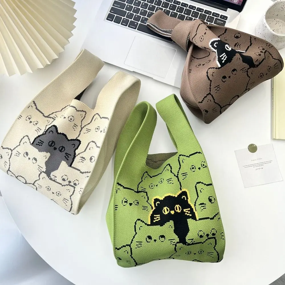 Cat Knitted Wrist Bag Women Bag Casual Shoulder Tote Bag Female Reusable Shopping Bags Woven Handbag Simple