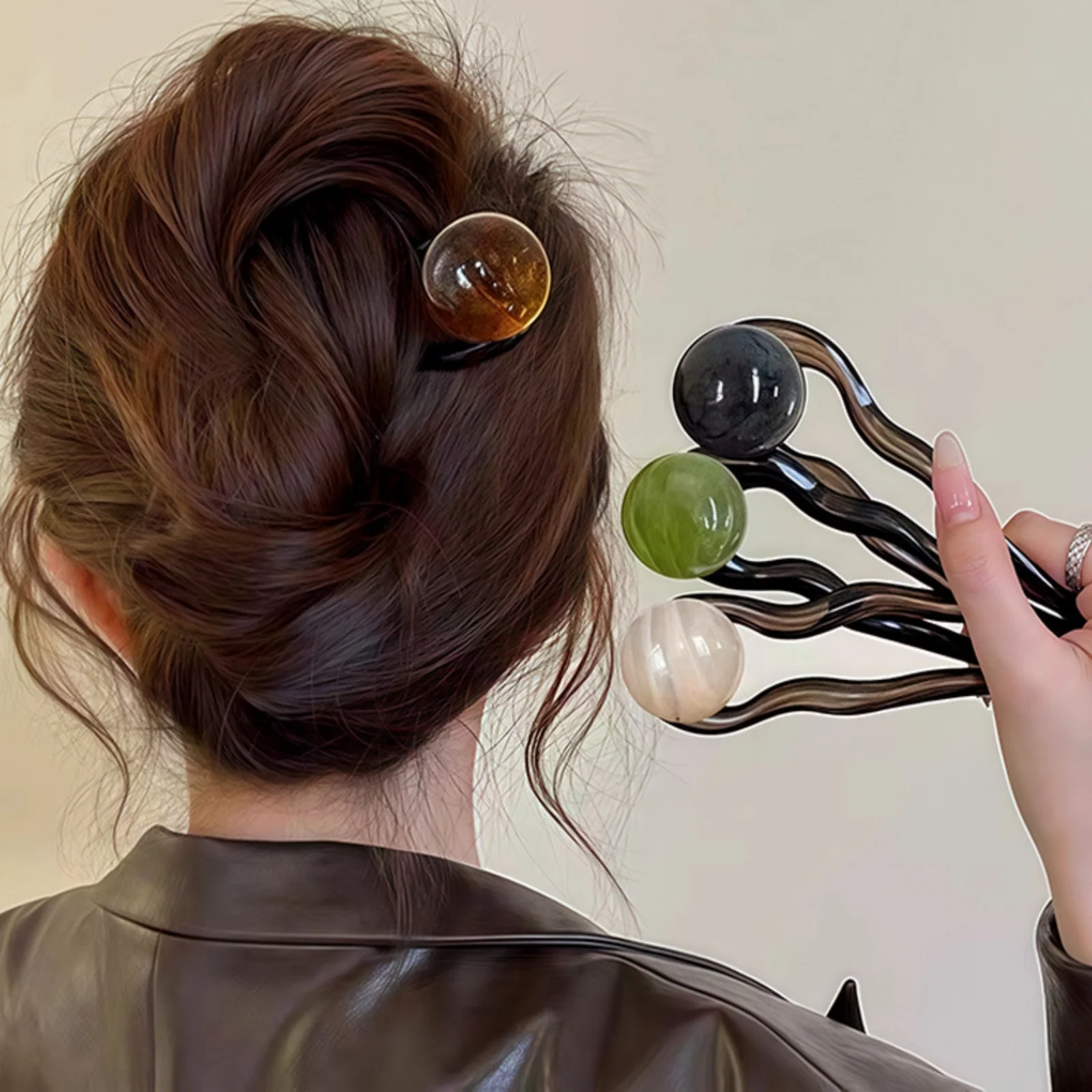 1PC Marble Bead Wave Hair Clips, 4 - Piece Set, U - Shaped Hair Sticks for Elegant Updos, Chic Hair Accessories for Women