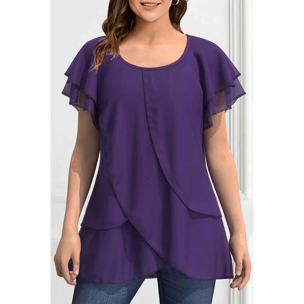 

Plus Size Casual Dark Purple Chiffon Ruffle Sleeve Layered Asymmetrical Hem Blouse