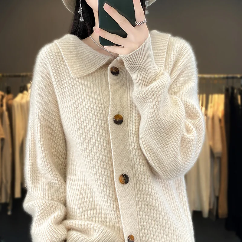 

Autumn And Winter New Cashmere Sweater Women's POLO Neck Long Sleeve Solid 100% Pure Wool Temperament Thickened Knitted Cardigan