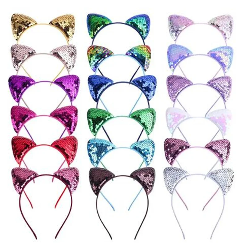 

Cat Ear Headbands Reversible Shiny Sequin Hairband Kitty Headband Shine Sequins Hair Hoops for Women and Girls A82