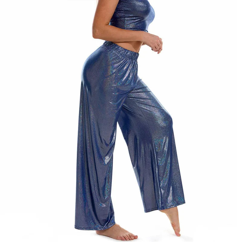 Women Shiny Wide Leg Pants Elastic Waist Casual Loose Metallic Trousers Female Long Straight Pants Streetwear Yoga Dancing Pants