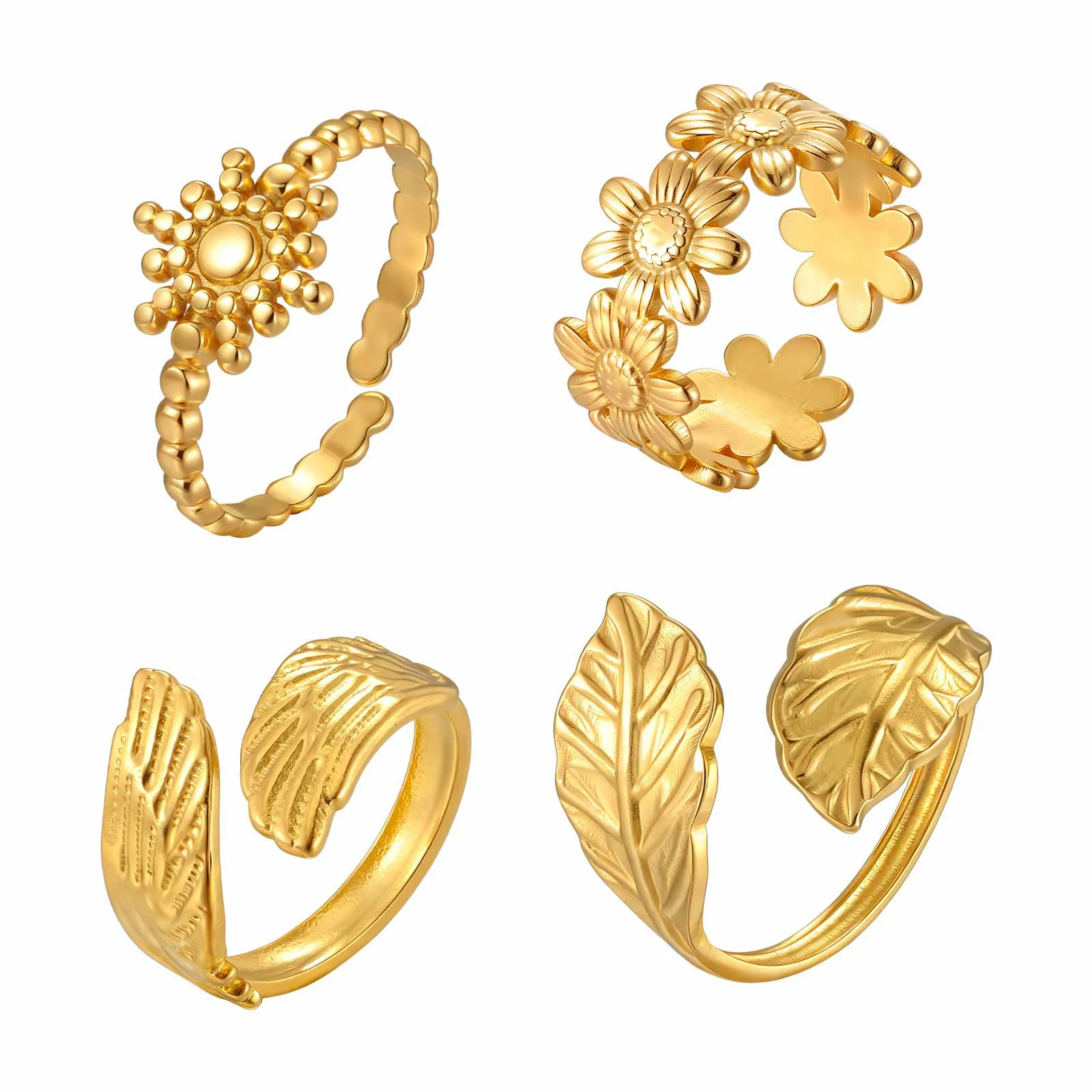 Goldfarbene Edelstahl-Ringe für Damen, Breite Geometrische Offene Ringe, Wasserfester Minimalistischer Fingerschmuck als Geschenk – Detail 9