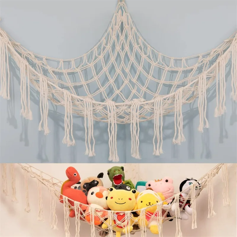 

Hand-Woven Colored Cotton Rope Net, Toy Hammock, Corner Net, Triangle Plush Toy, Storage Basket