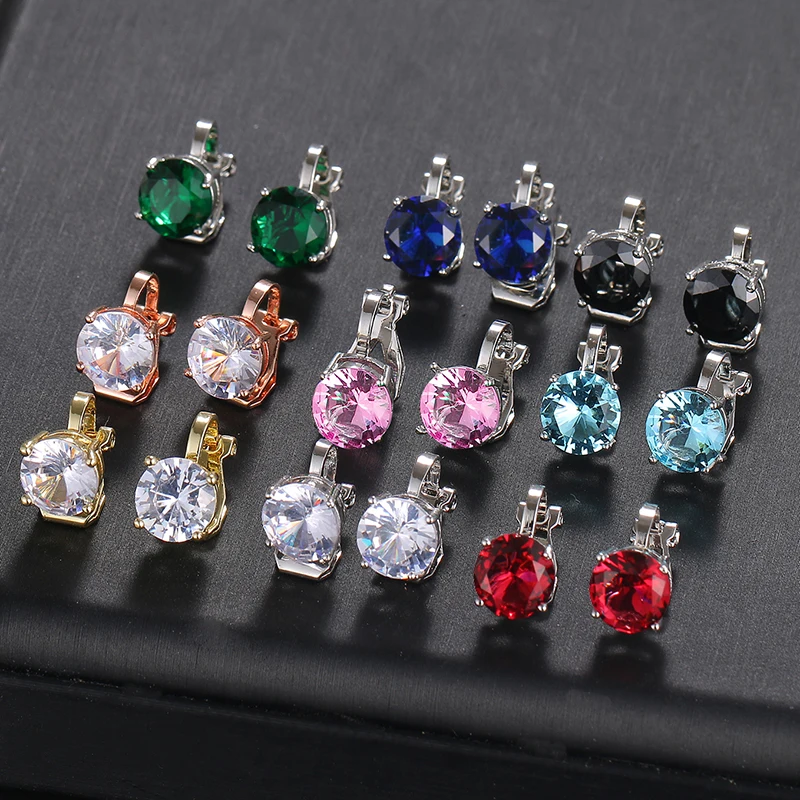 Cubic Zirconia Round Clip Earrings for Women With CZ Crystal Female Wedding Earings Party Gift Jewelry