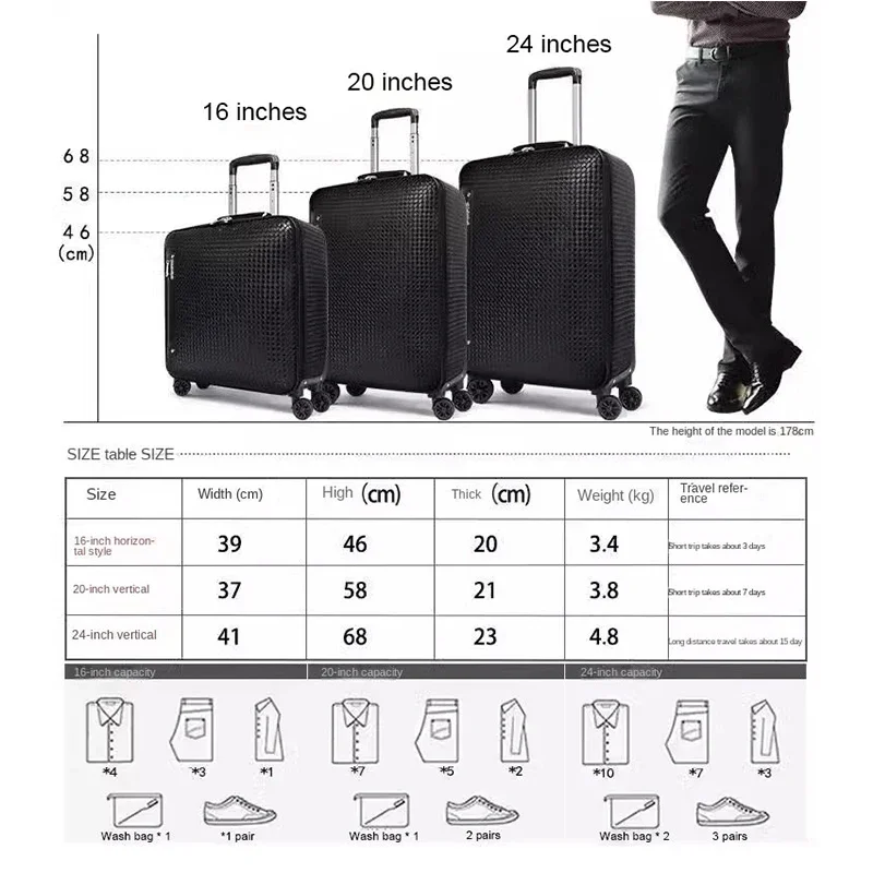Genuine Leather Trolley Case 20 Inch Men's Business Boarding Suitcase Universal Wheel Luggage Bag 16 Inch Woven Pattern Leather