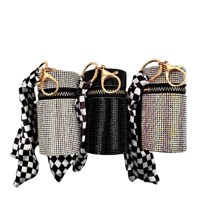 Fashion Design Leather Cylinder Lipstick Bag Portable Zip Coin Purse Mini  Wallet Key Bag Key Chain Pendant Women's Purses