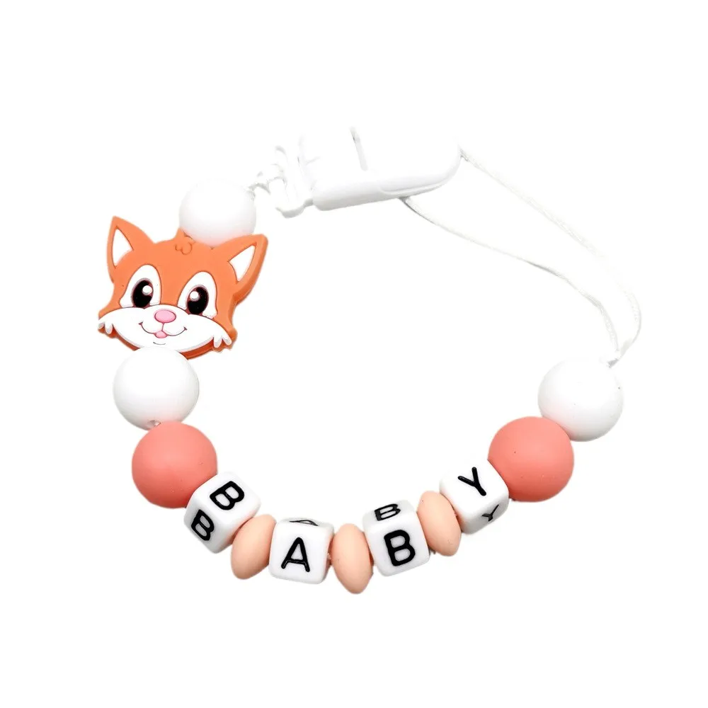 Gray White Baby Pacifier Leash with Silicone Animal Focal Beads Personalized Name Baby Accessory