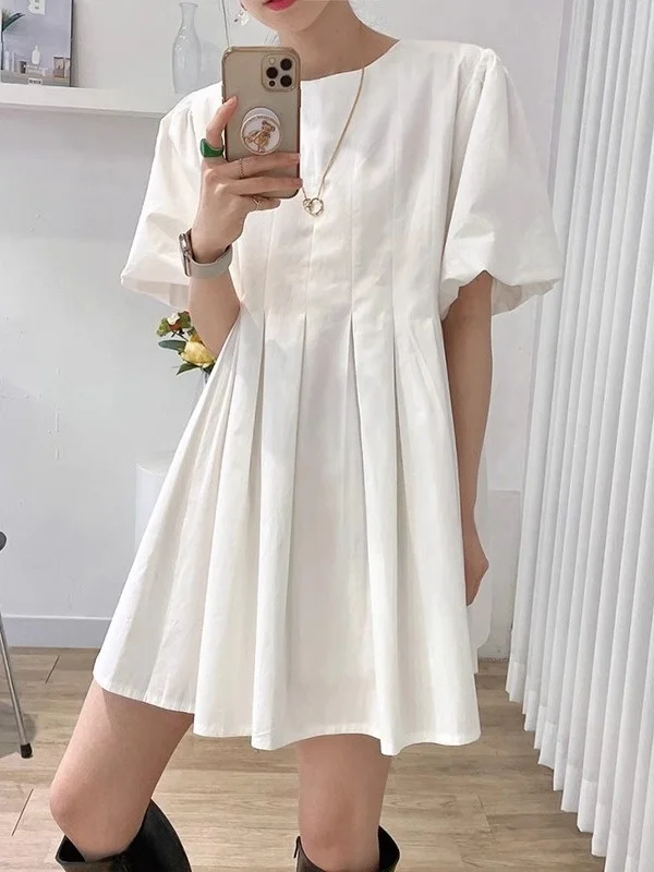 Chic Summer Simple Elegance round Ne Pleated Waist Slim Lantern Sve A-Line  Dr Women's Faion Commute Sle