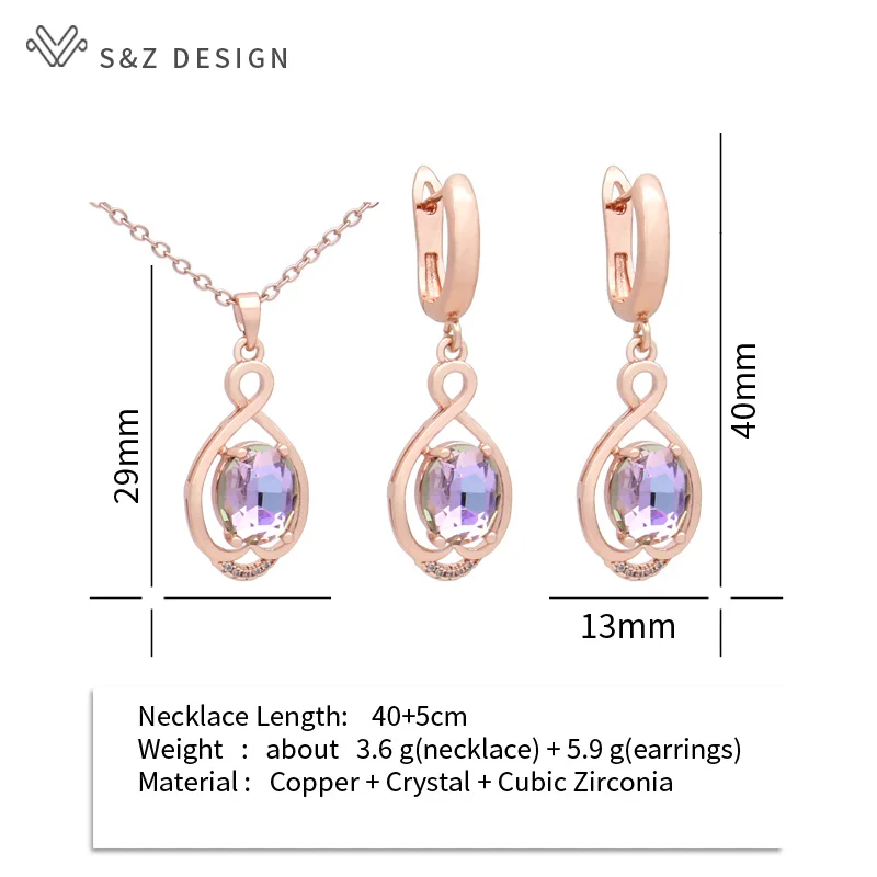 S&Z DESIGN New Fashion Egg Shape Oval Dangle Earrings Jewelry Sets For Women Cubic Zirconia 585 Rose Gold Color Pendant Necklace
