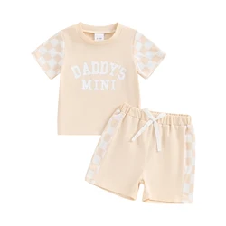 Toddler Girl Summer Outfit Letter Print Checkerboard Short Sleeve Tops Elastic Waist Shorts 2Pcs Clothes Set