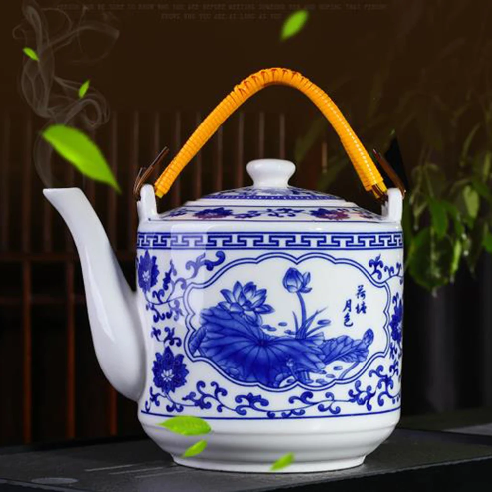 

Керамический чайник емкостью 2 л/2,8 л, чайник с ручкой из синего и белого фарфора, чайник для приготовления чая для дома и ресторана