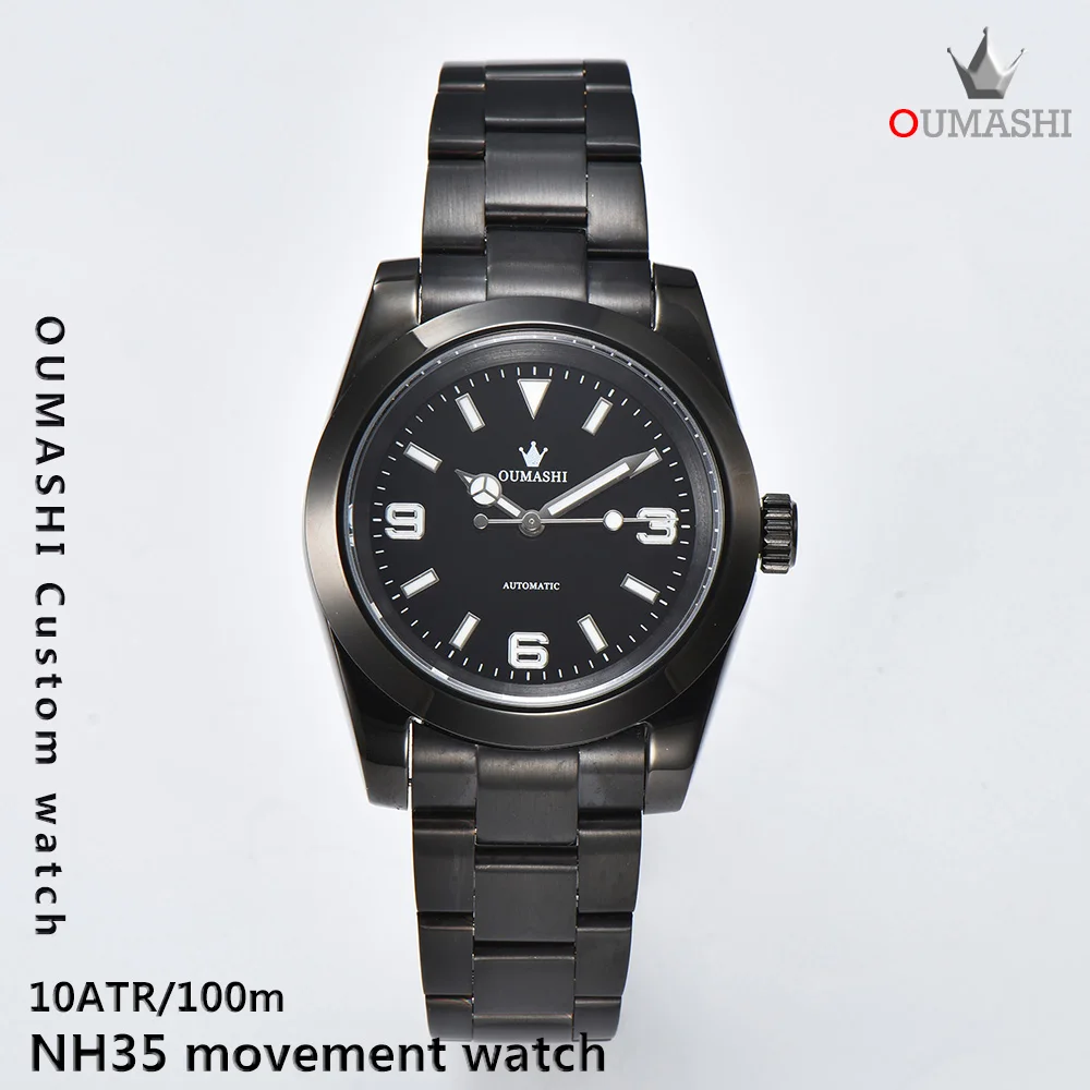 

OUMASHI 39mm men's watch NH35 black strap sapphire crystal luminous dial automatic silver waterproof 100m aseptic watch 005