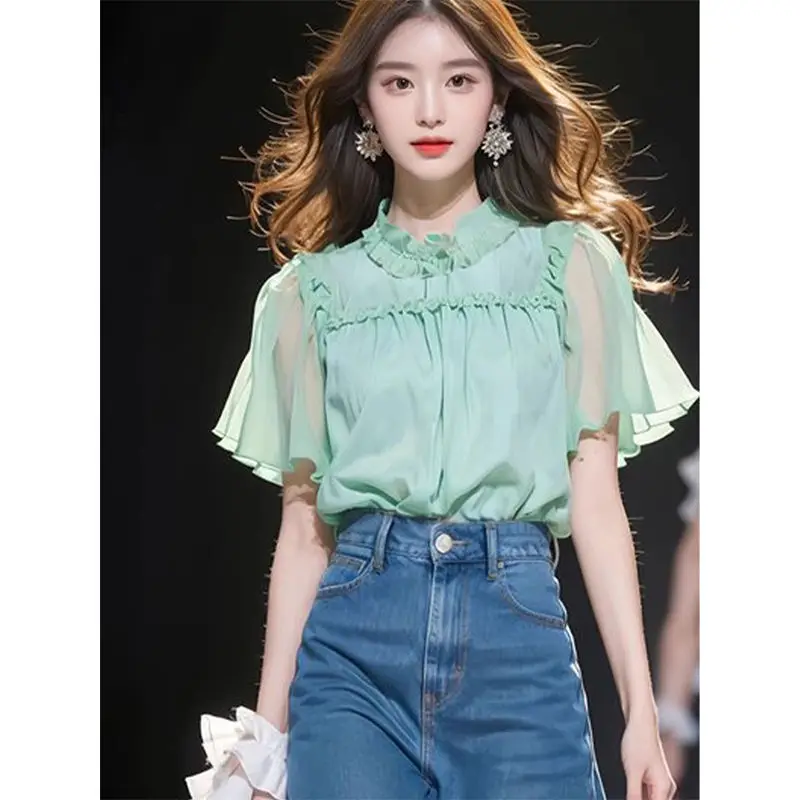 Korea Ruffled Shirt Short Sleeves For Women Summer Light Luxury Top Short Sleeve Chiffon Top Femme 2024 New