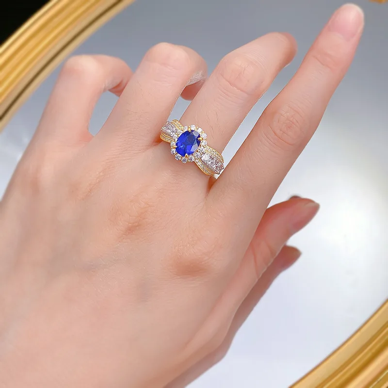 New 925 Silver French Lace Edge Simulated Sapphire 6 * 8 Oval Ring Fashion Romantic Style
