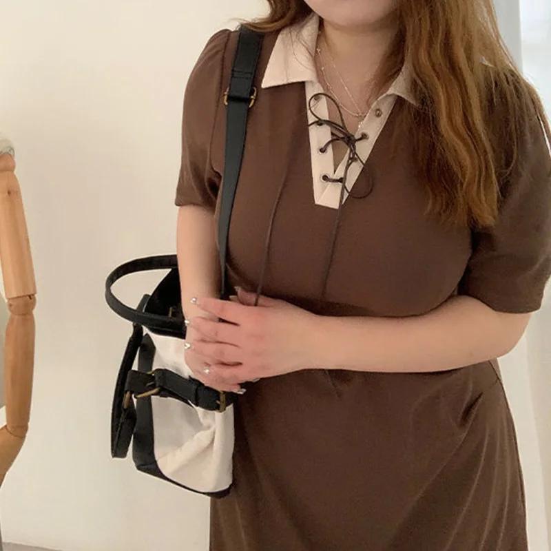Fashion Mocha Black Polo-Neck Lacing Irregular Dresses Summer Clothes for Women Office Lady Splicing Plus Size Split Long Dress