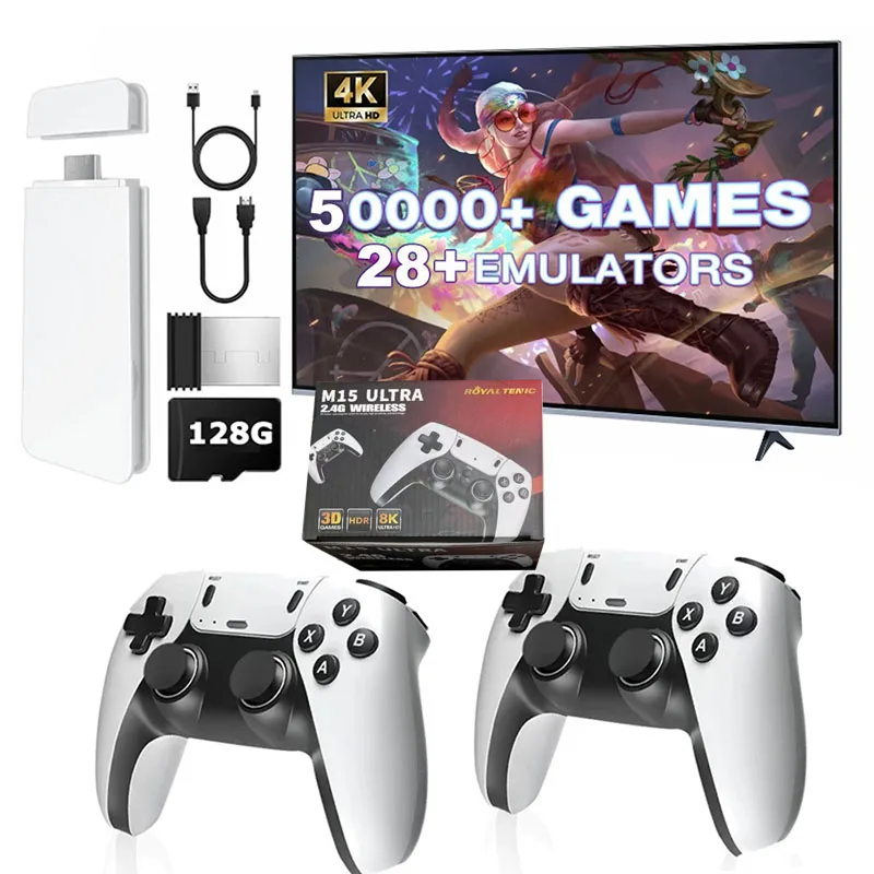 Nouveau 4K TV Game Stick M15 ultra 64G 128G lecteur de jeu portable 2.4G double contrôleur sans fil 50000 + jeux lecteur de jeu familial