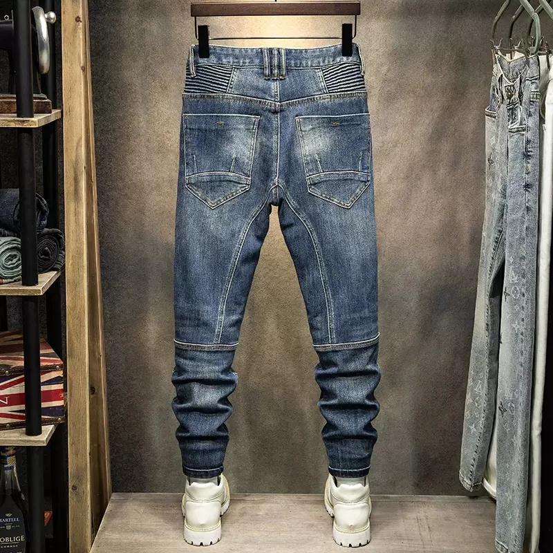 Street Fashion Men Jeans Retro Blue Elastic Stretch Skinny Fit Spliced Designer Biker Jeans Men Patched Hip Hop Denim Pants Men