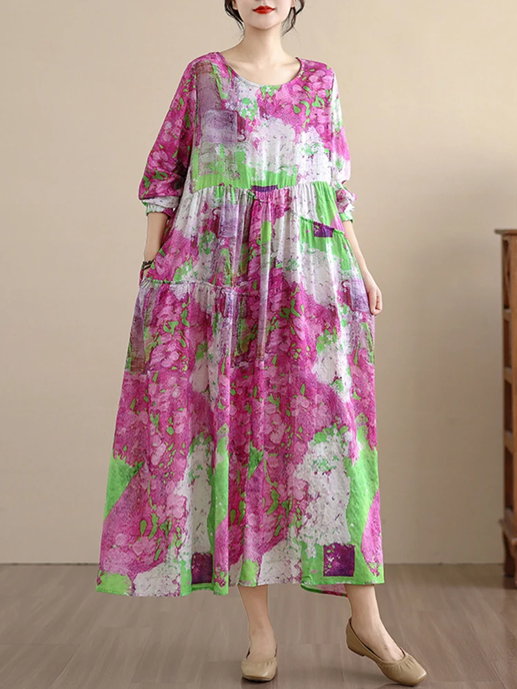 2025 Spring Autumn New Long Sleeve Cotton Floral Print Vintage Dresses For Women Casual Loose Midi Dress Femme Elegant Clothing