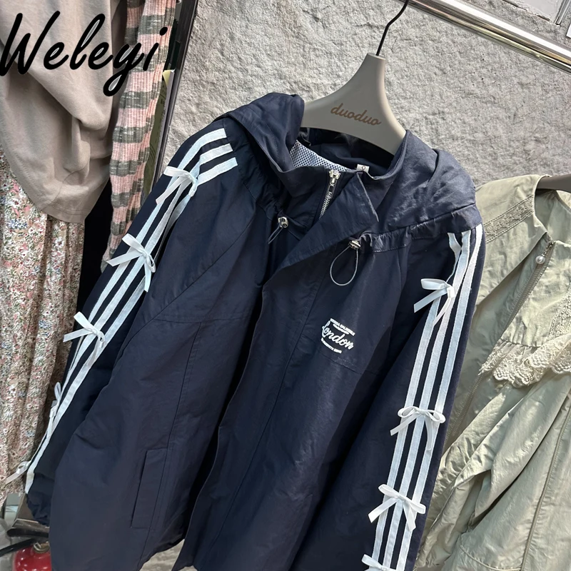 

Women's Japanese Trench Coat 2024 Spring Sweet Cute Academy Style Hooded Collar Letter Three Bar Edge All Match Zipper Cardigan