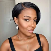 Perruque Lace Wig malaisienne 13x4, cheveux 100% naturels, coupe Pixie, partie latérale, Bob lisse, dentelle transparente, pour femmes noires 3