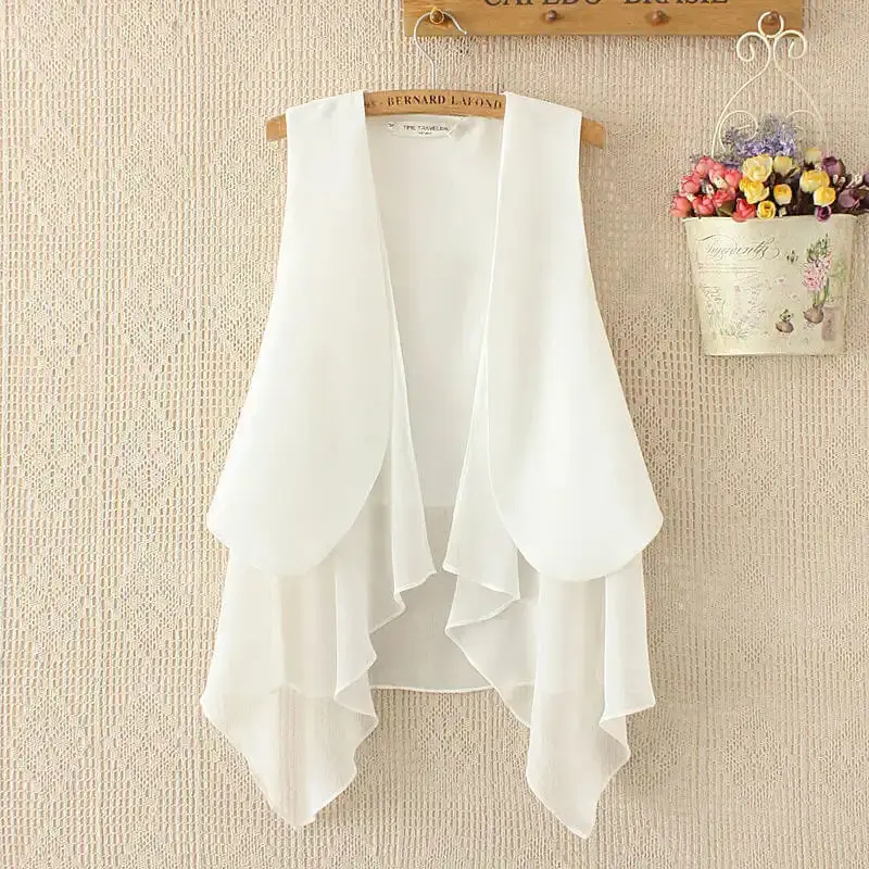 White Chiffon Vest Female Thin 2023 Summer New Fashion Slim Joker Sleeveless Vest Outside Med-long tank top sun-proof cardigan