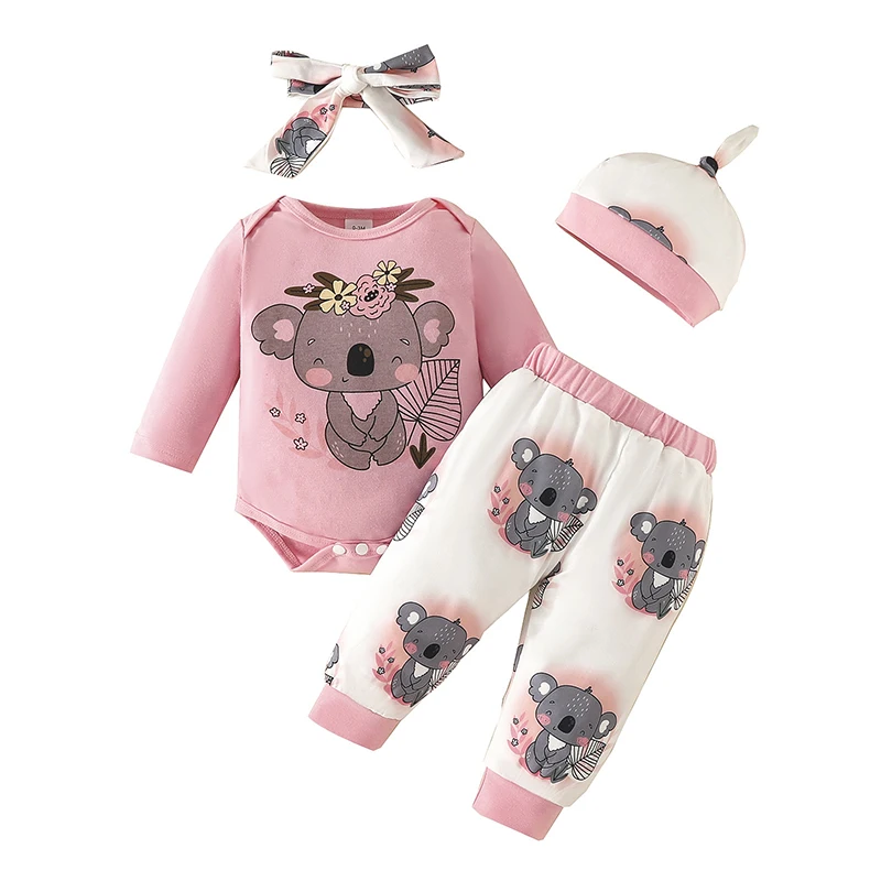 

4PCS Baby Sets Newborn Baby Girl Clothes Long Sleeve Koala Prints Bodysuit Elastic Waist Pants 0-18 Months Infant Girl Costume