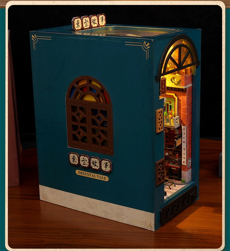 Description Picture 4 of itemRetro DIY Wooden Book Nook Shelf Insert Miniature Kits Chinese Oriental Tale Home Bookend Decoration For Adult Handmade Gifts