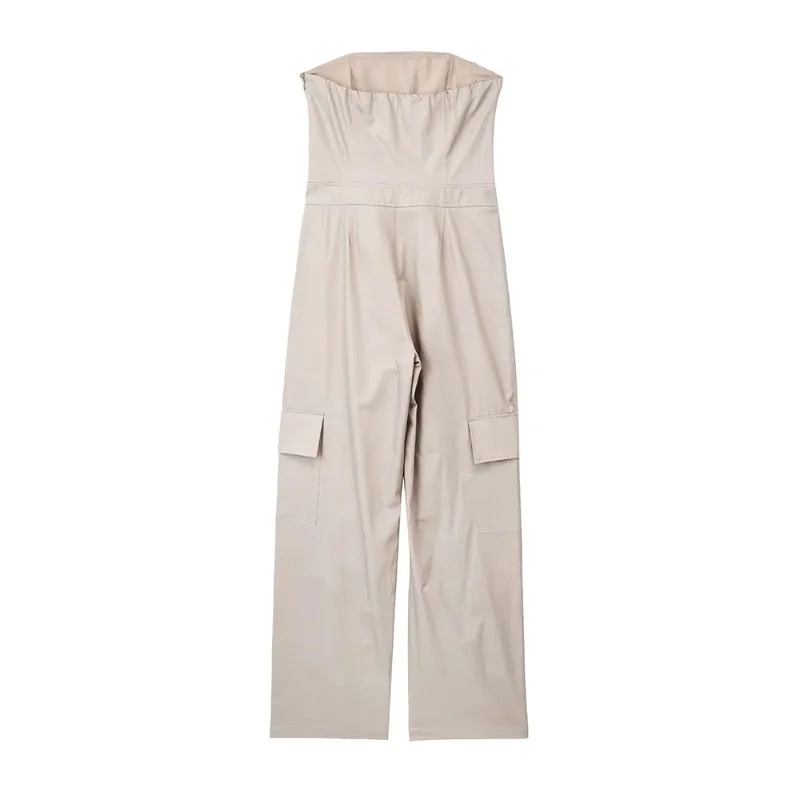 Women Fashion with Pockets Strapless Cargo Jumpsuit Vintage Straight Neck Side Zipper Female Playsuits Overalls for Women 2023