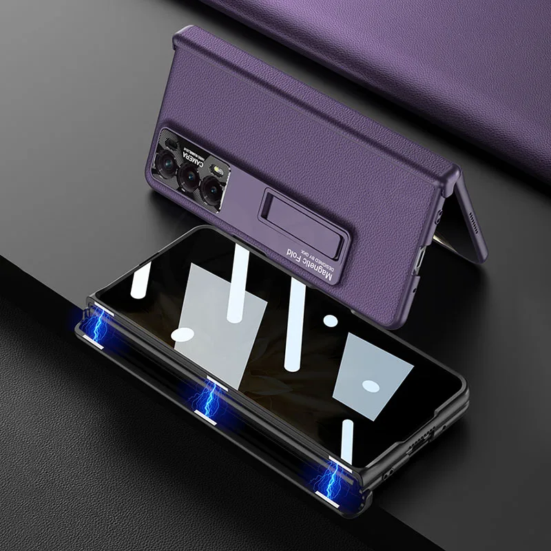 Magnetic Hinge Plain Leather Case for Honor Magic V2 Case Outer Anti-peek Glass