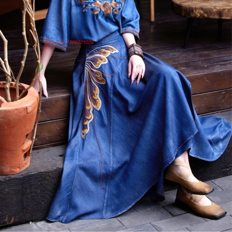 traditional chinese vintage skirt national flower embroidered denim skirt oriental traditional folk a-line streetwear