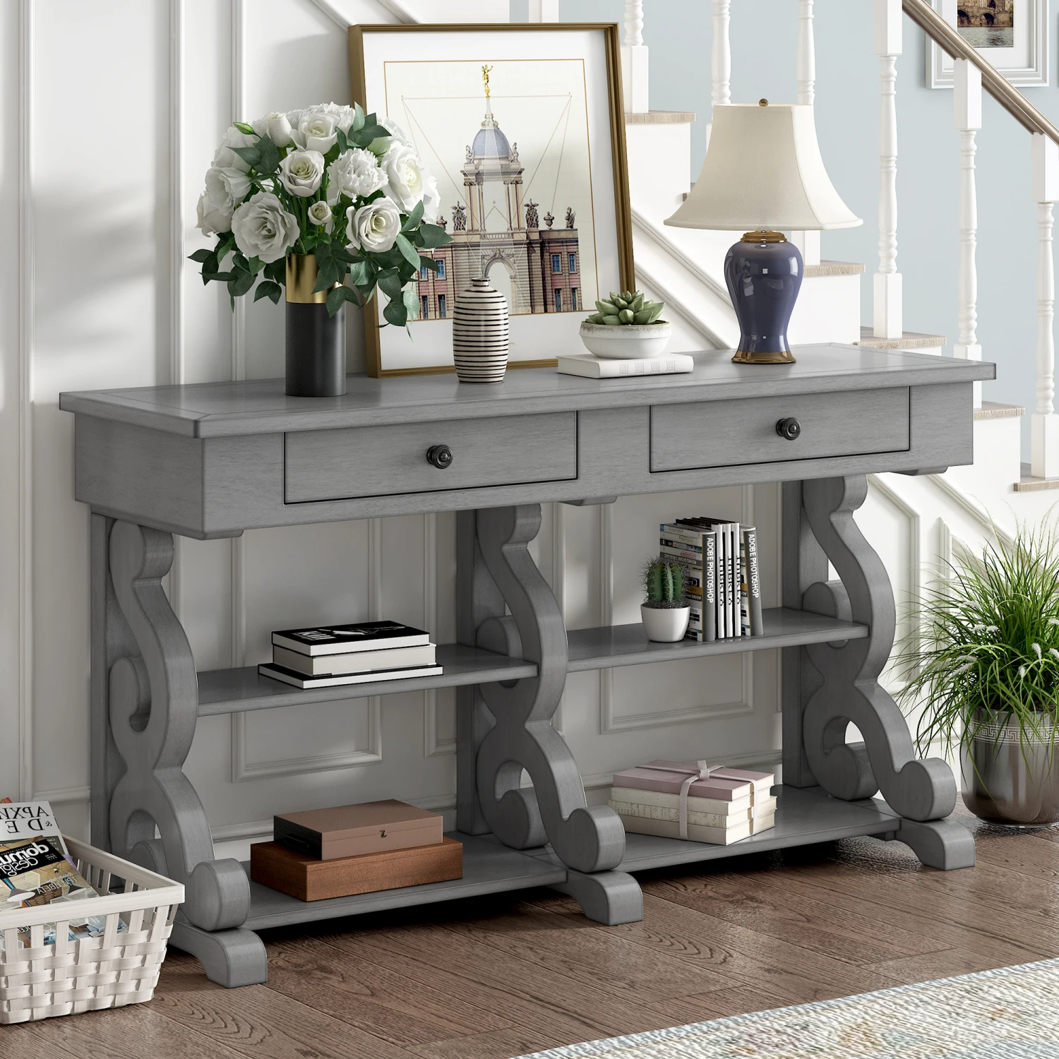 

Elegant TREXM Vintage Retro Console Table with Spacious Storage, Multiple Open Shelves and Drawers Perfect for Entrance, Dinning