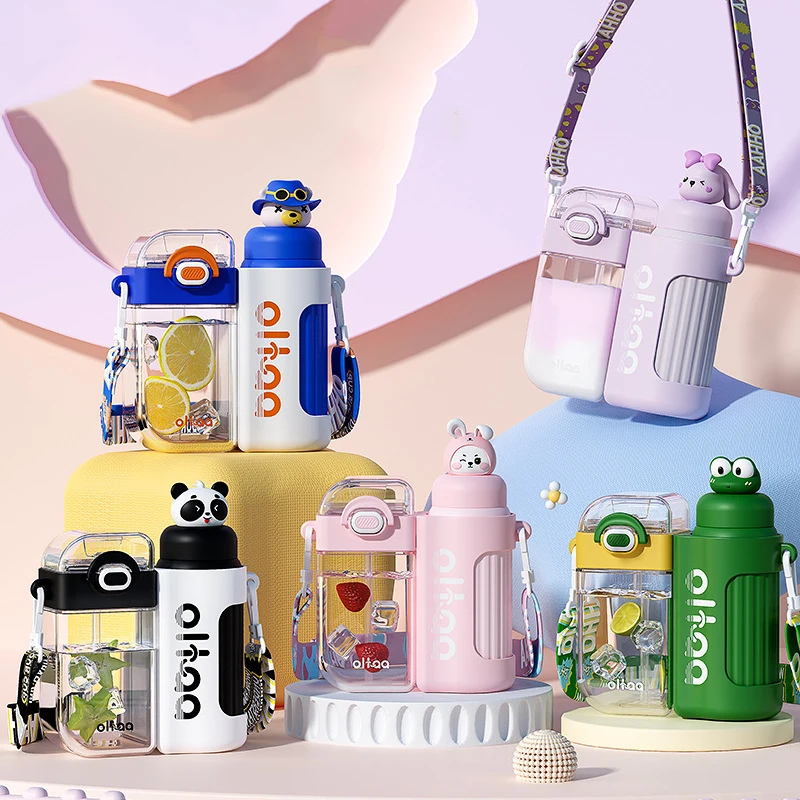 

400+320ML Double Combination Cute Doll Water Bottle for Girls Kids Thermos Vacuum Insulated Tritan with Straw Drink Bottle Cups