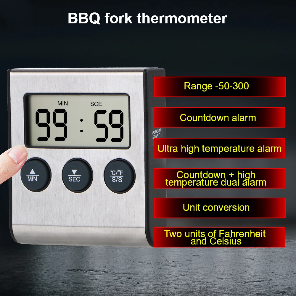 Digital BBQ Thermometer Probe Temperature Cooking Oven Meter Grill Timer Function New Meat Kitchen Food Stainless Steel 6