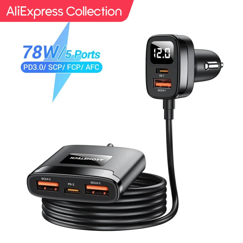 Aliexpress Collection Asometech 78W Caricabatteria Da Auto Usb 5 Porte Qc3.0 Pd3.0 Scp Caricatore Rapido Usb Tipo C Per Tablet Iphone Samsung