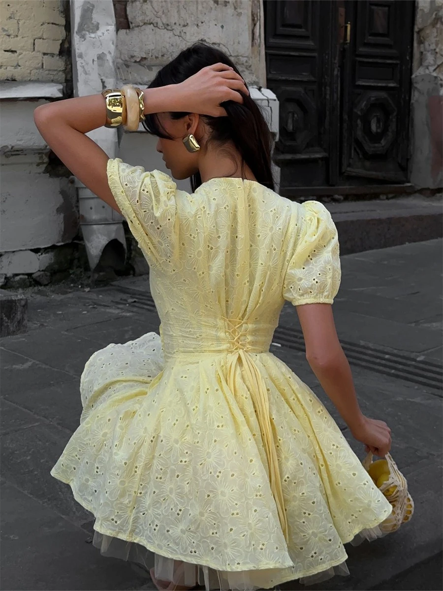 Bornladies Cotton Embroidered Dress 2025 Summer New Bubble Sleeve V-neck Mini Skirt  Women's Slimming Waist Dresses