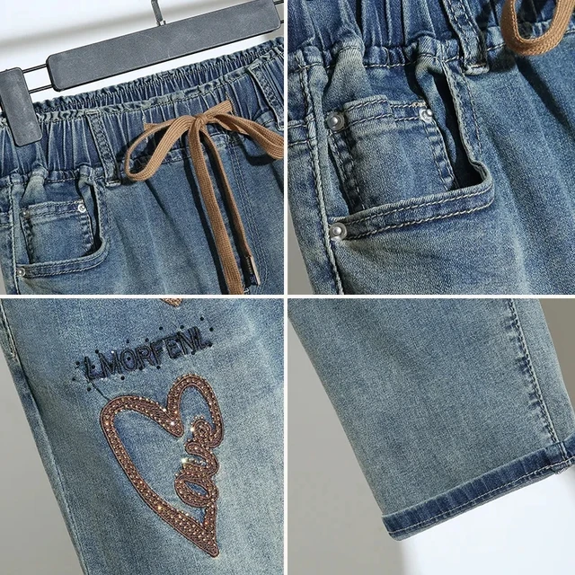 Elastic waisted Embroidered Jeans for women Spring 2026 New High waisted Elastic Loose Harun pants Female Casual Denim Trousers 5