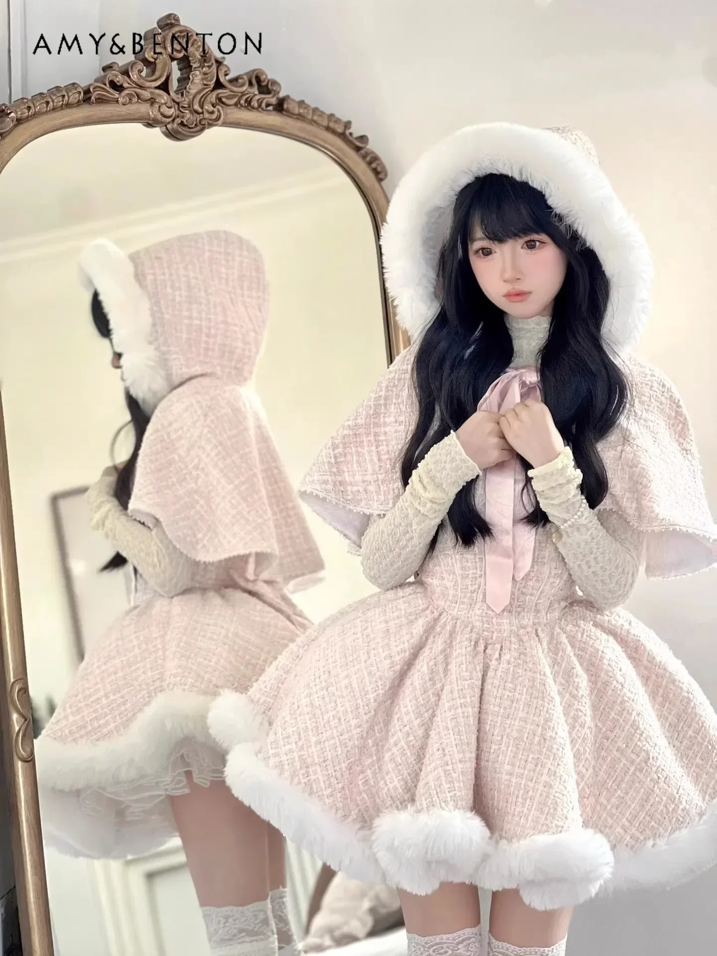 

Japanese Sweet Sexy Sleeveless Dress Sets Winter New Elegant Socialite Hooded Cape Coat + High Waist Slim Fit Mini Dress Outfits
