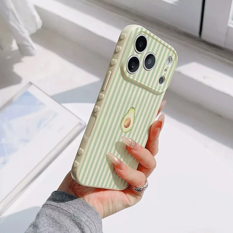Mint Green Vertical Stripe Watercolor Avocado Pattern Silicone Phone Case