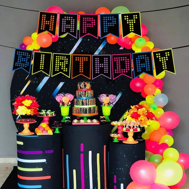 1set Luminous Garlands Fluorescent Birthday Paper Banner Glow Party Supplies Night Party Photo Props Happy Birthday Decor