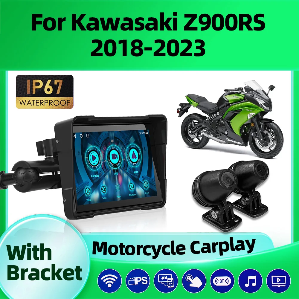 

5 Inch Motorcycle Carplay Android Auto GPS Navigation Dual BT Cameras IP67 For Kawasaki Z900RS 2018 2019 2020 2021 2022 2023