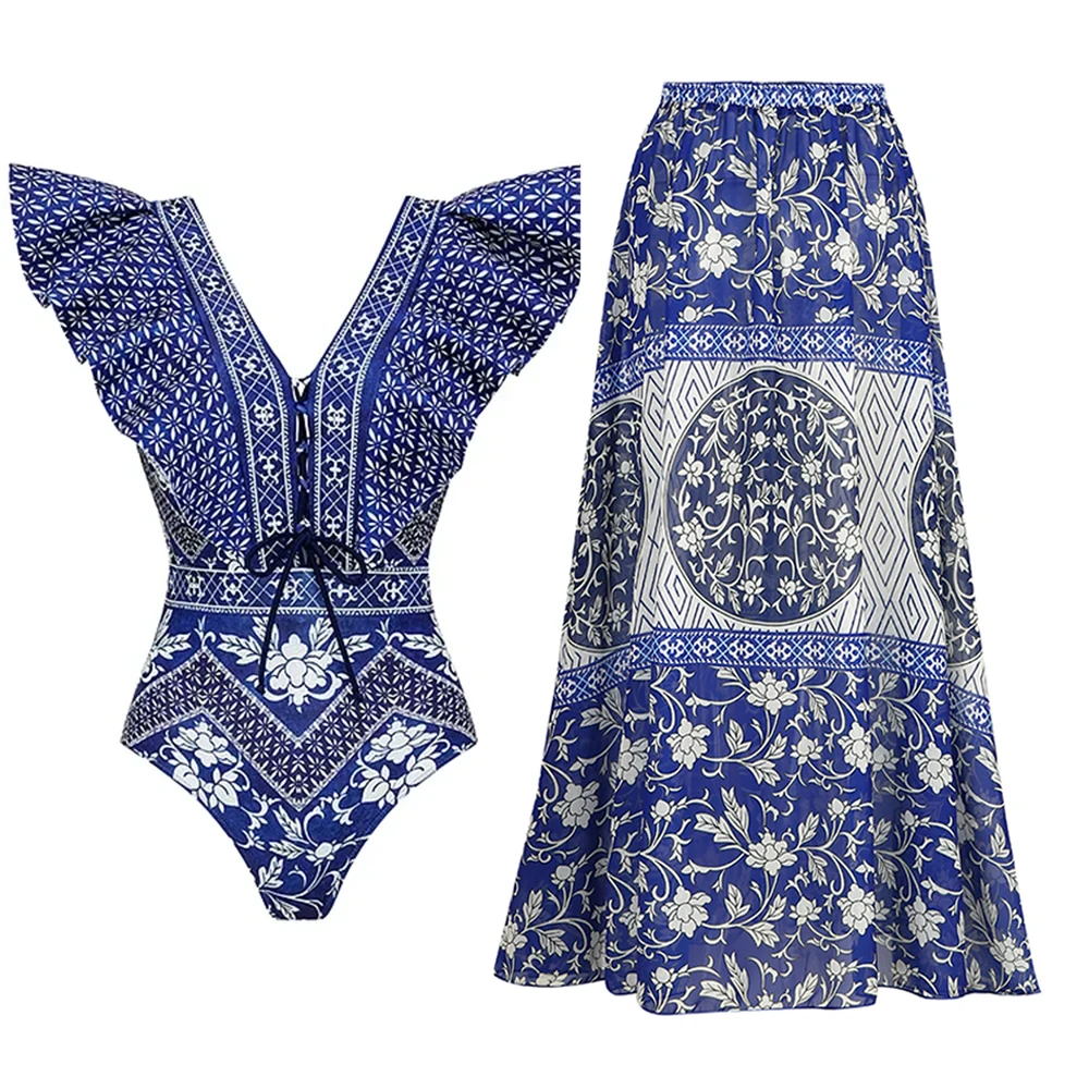 2-Piece Shoulder Ruffle Swimsuit With Cover Up Sexy Beachwear