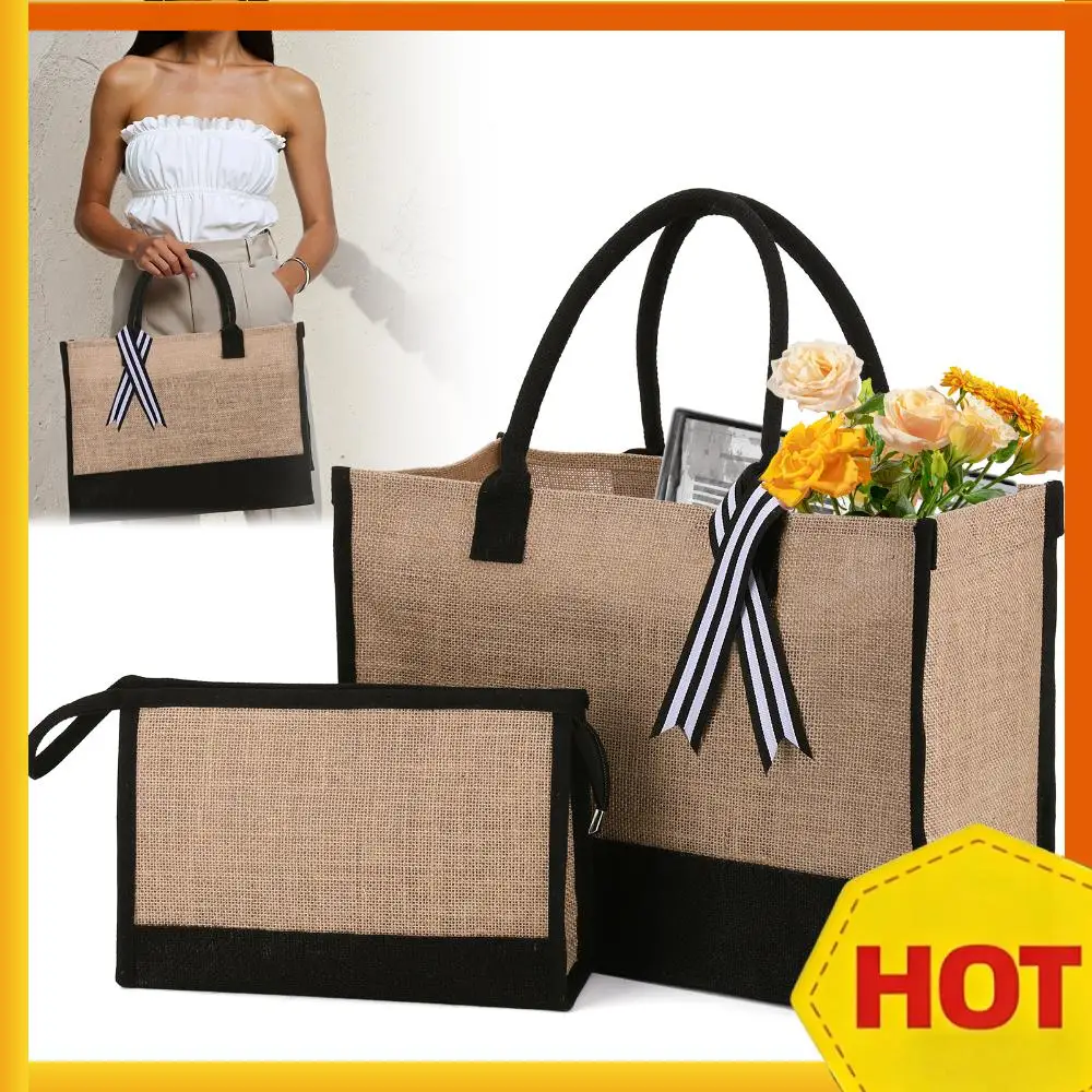 Women Jute Tote Bag Jute Beach Bag Large Capacity with Pouch Reusable Gift Tote Bag Patchwork for Wedding Birthday Holiday
